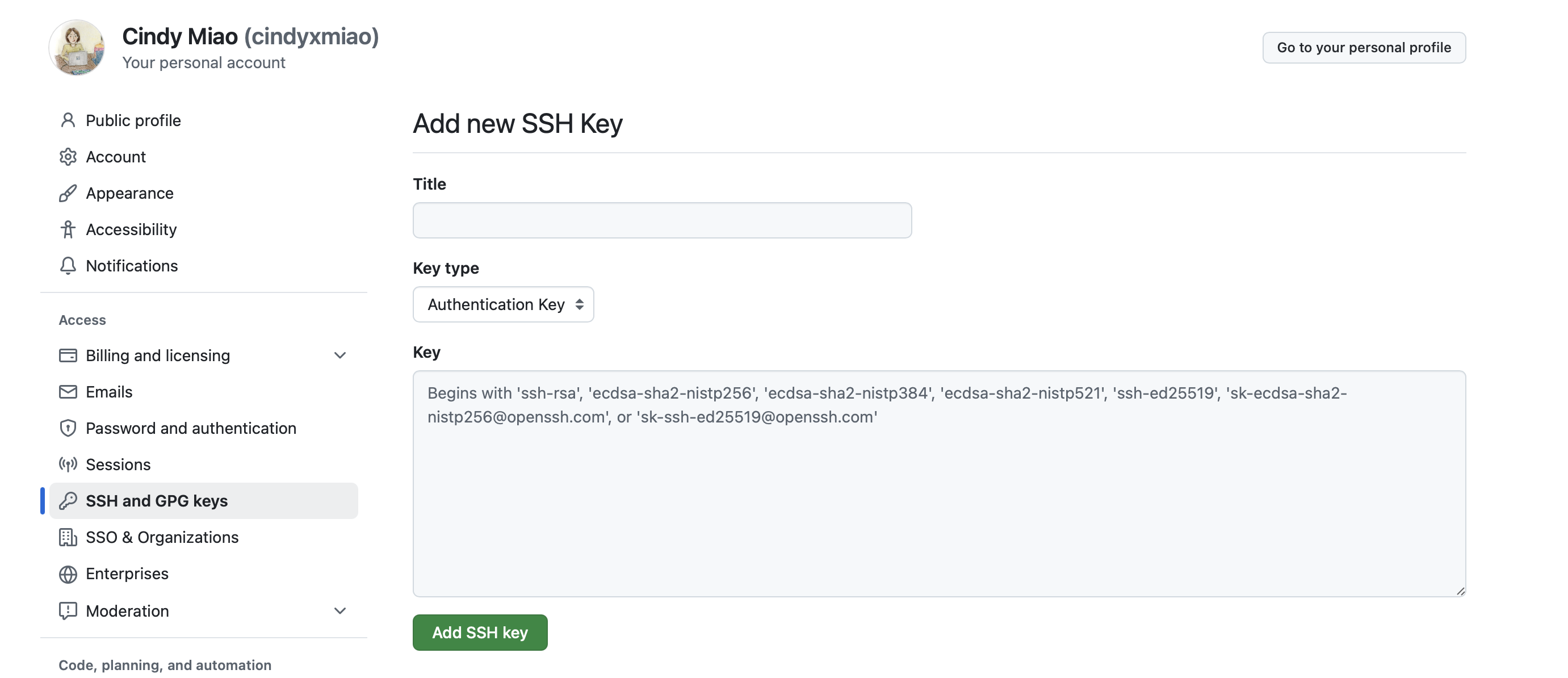 Click on profile -> Setting on Github, and then look for `SSH and GPG` keys on the left sidebar Alt text